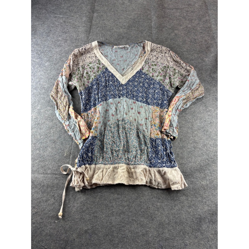 Blue Sky Patchwork Floral Tunic Top Womens M 2000s Whimsy Boho Embroidered Fairy